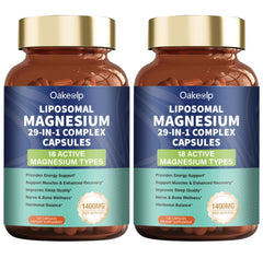 Oakevlp liposomal magnesium bottle front view showcases 29-in-1 complex.