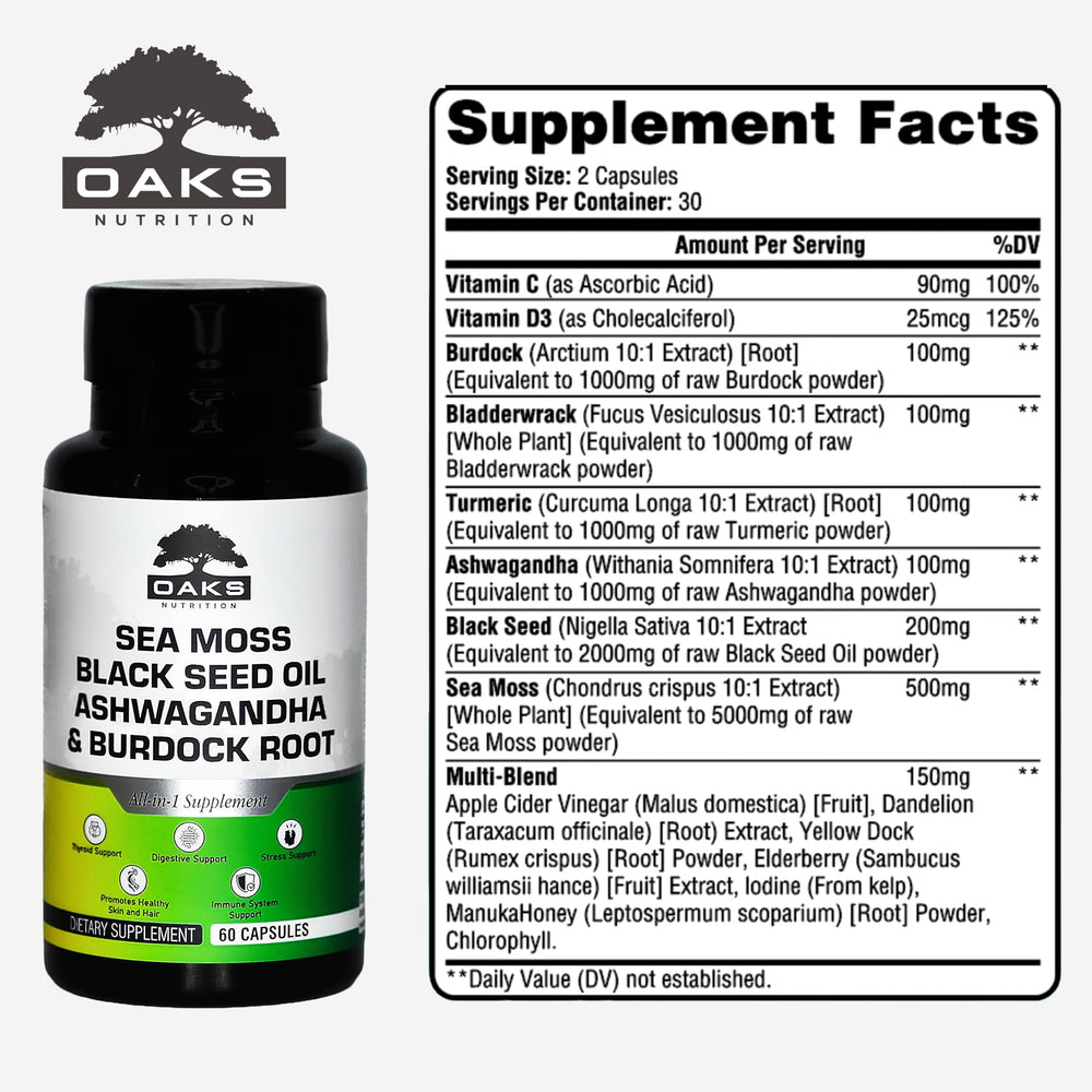 Close-up of Oaks Nutrition black seed oil capsules for vitality