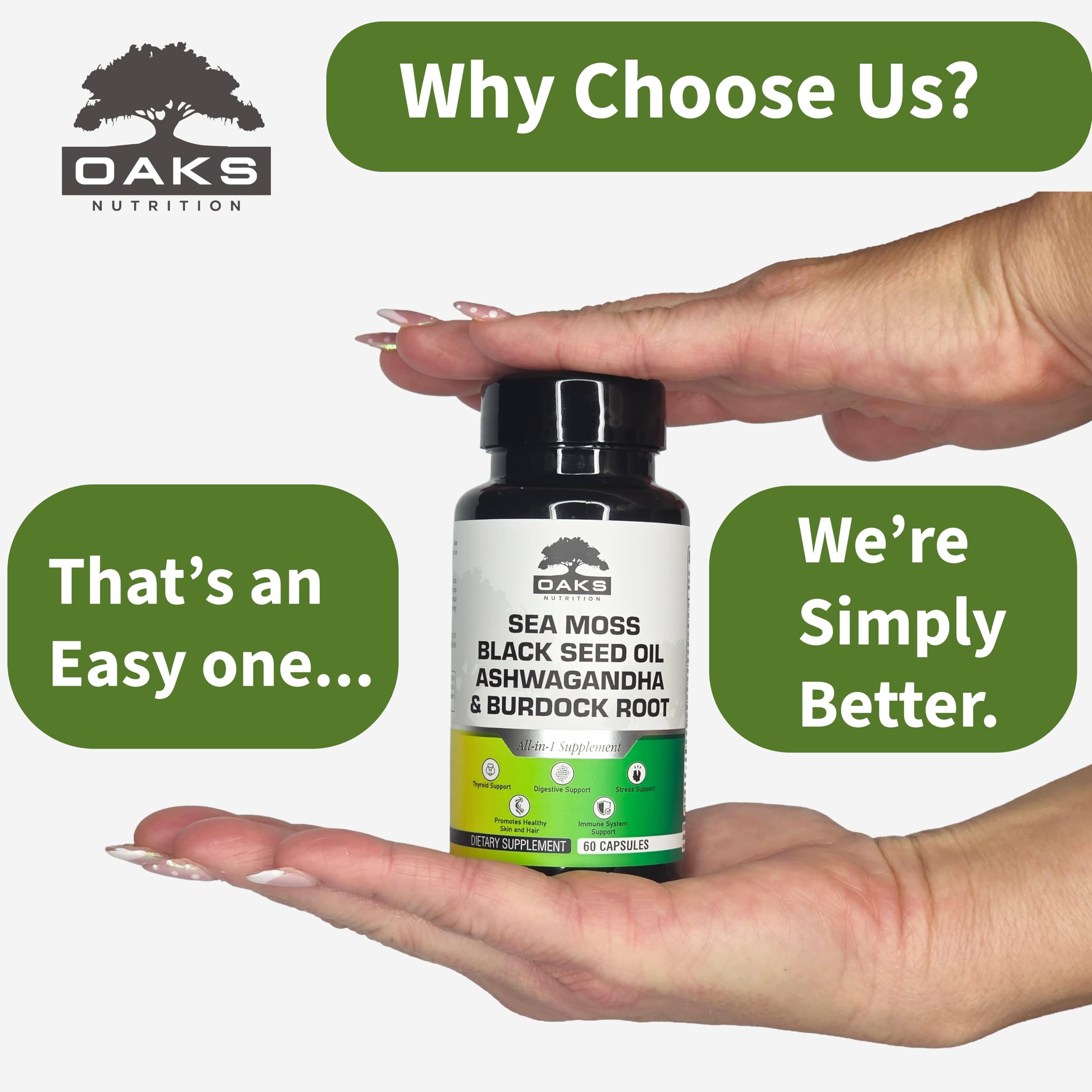 Oaks Nutrition packaging label showing 60 capsules per bottle