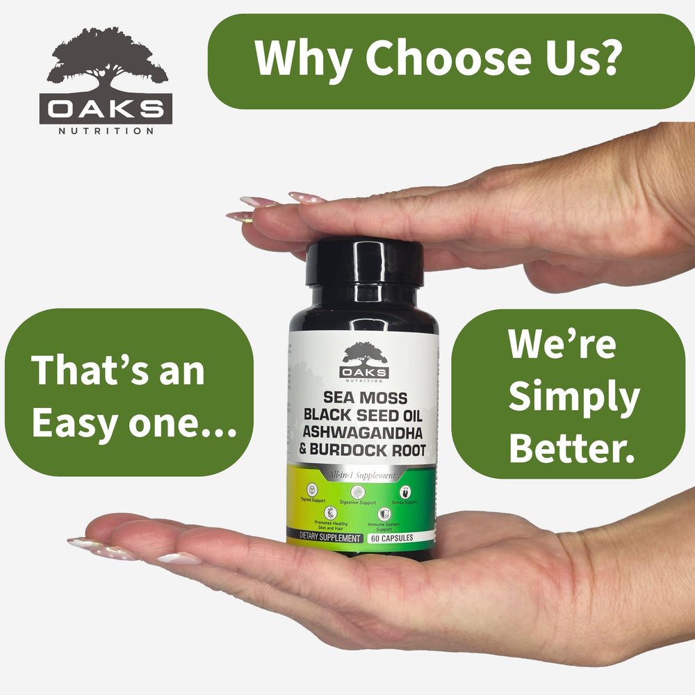 Oaks Nutrition packaging label showing 60 capsules per bottle