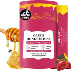 OAKSII Shilajit Women’s Honey Stick package shows strawberry flavor for convenient energy.