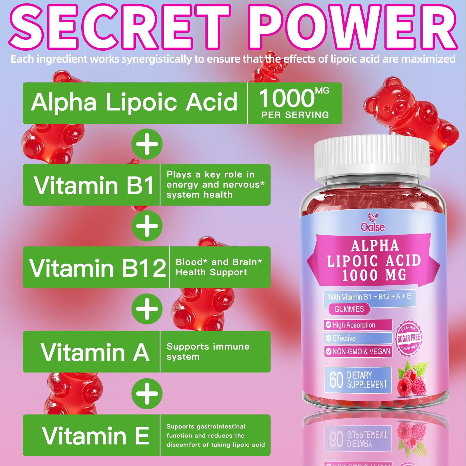 OALSE Raspberry flavored gummies with B1 and B12 for energy and nerve health