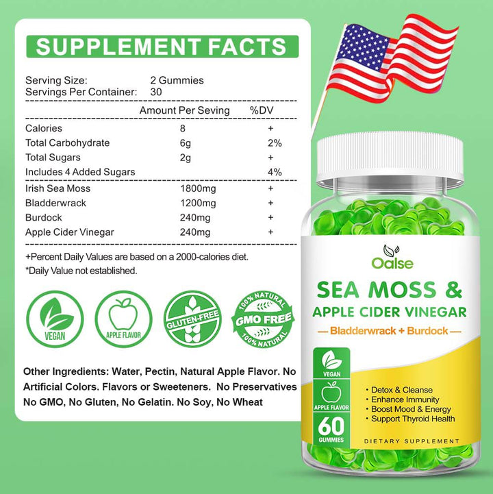 OALSE Sea Moss Gummies natural ingredients layout featuring sea moss and bladderwrack