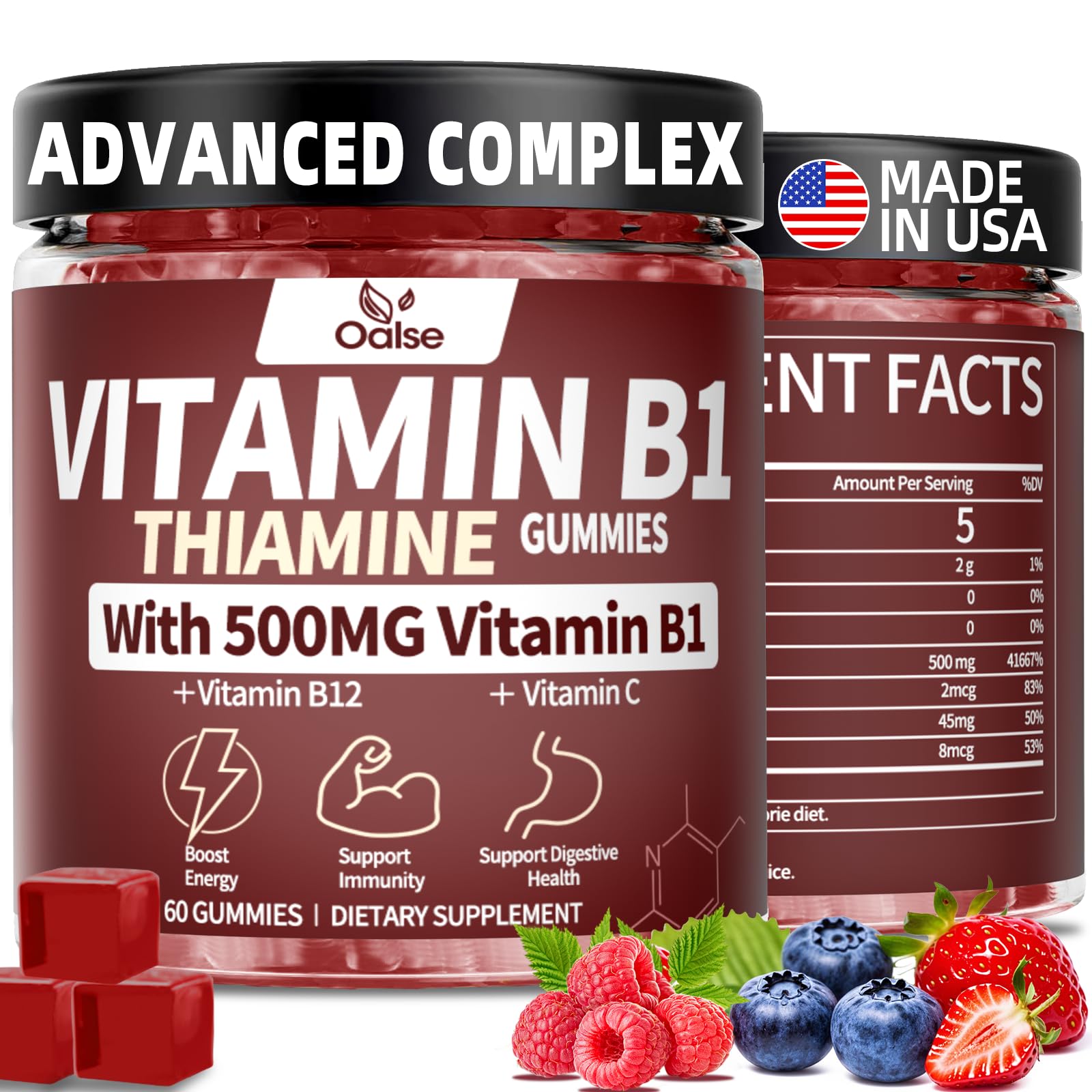 OALSE Thiamine Gummies bottle with 60-count packaging for daily energy.