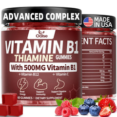 OALSE Thiamine Gummies bottle with 60-count packaging for daily energy.