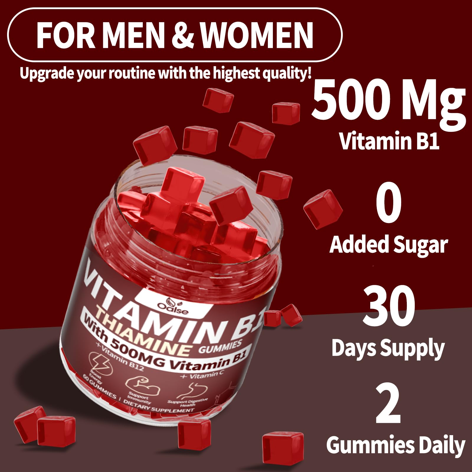 Nutrition panel on OALSE Thiamine Gummies showing B vitamins absorption.