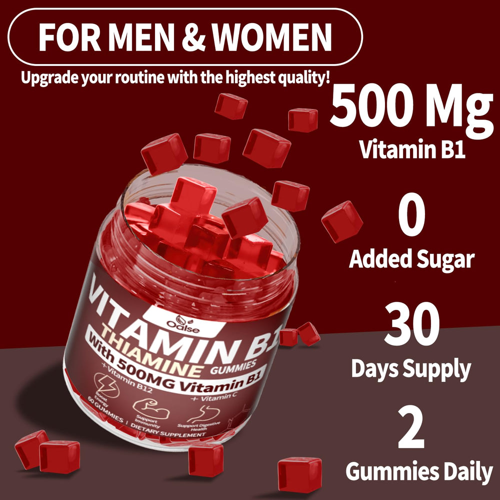 Nutrition panel on OALSE Thiamine Gummies showing B vitamins absorption.