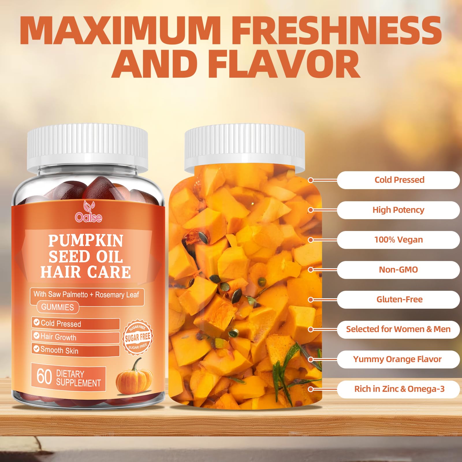 OALSE zinc and vitamin E bottle indicates balanced nourishment for hair health.
