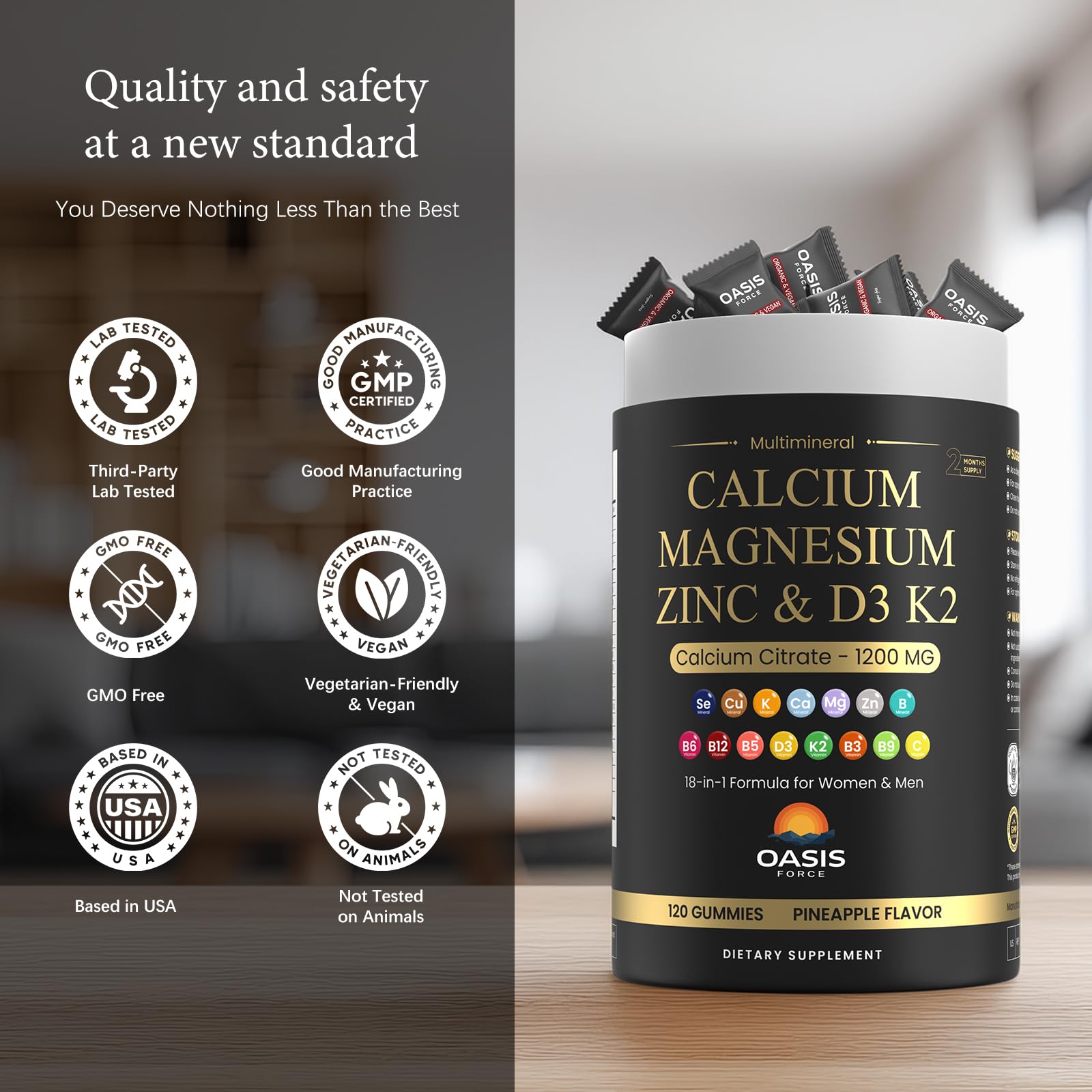 OASIS FORCE calcium 1200 mg bottle beside a glass of water