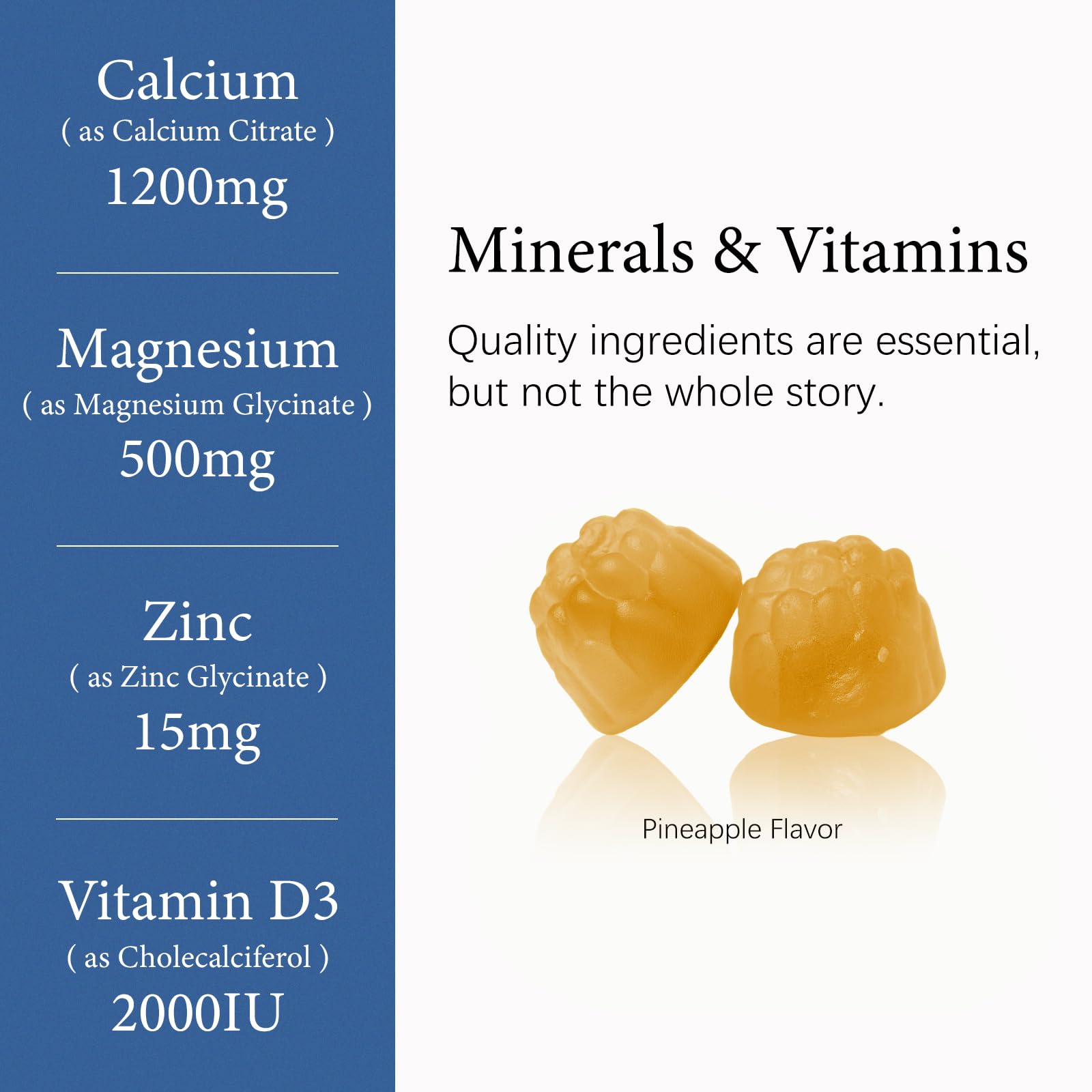 Close-up of OASIS FORCE calcium 1200 mg gummies and pineapple flavor