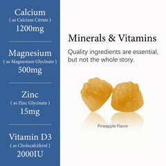 Close-up of OASIS FORCE calcium 1200 mg gummies and pineapple flavor