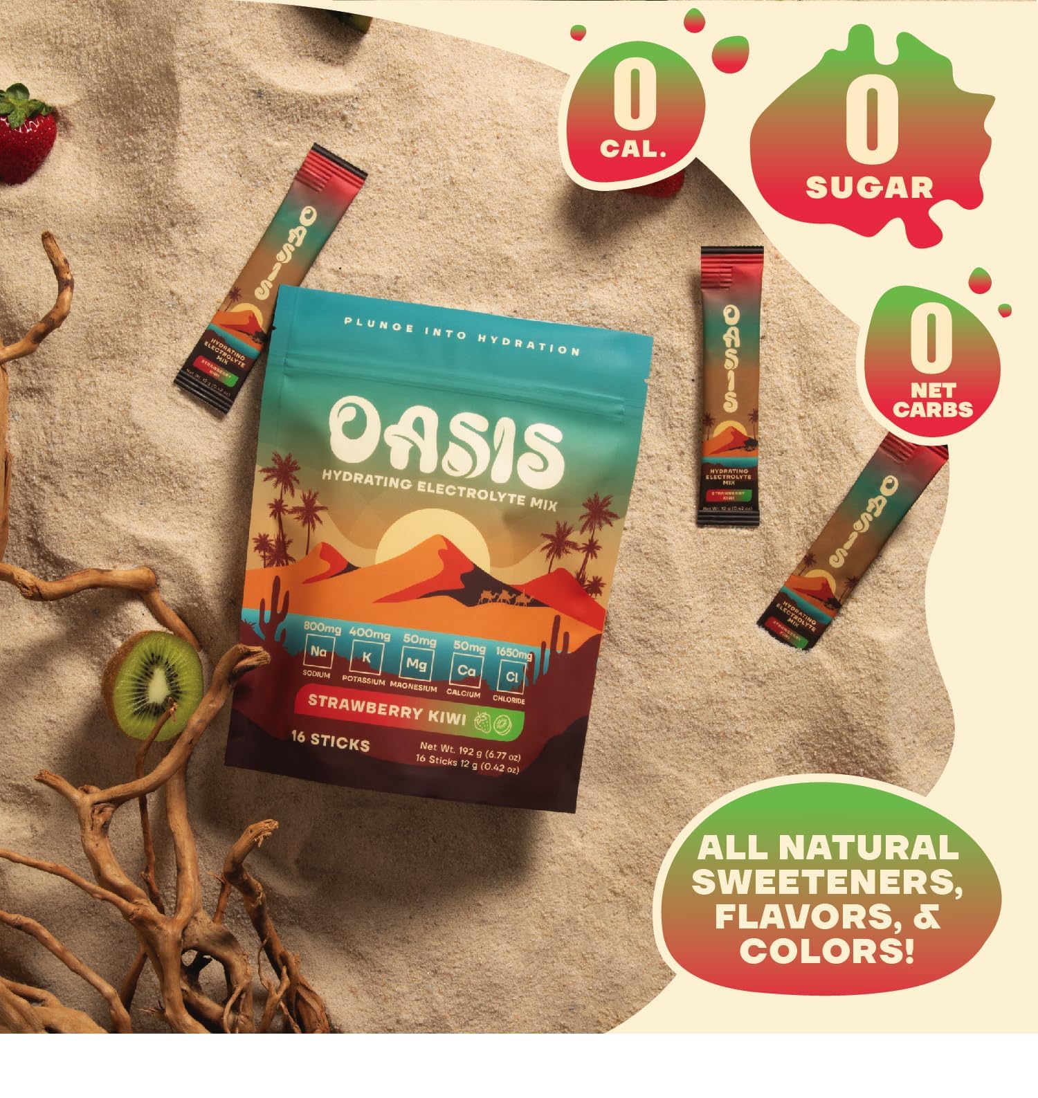 Drink Oasis electrolyte powder dissolving in water with refreshing flavor