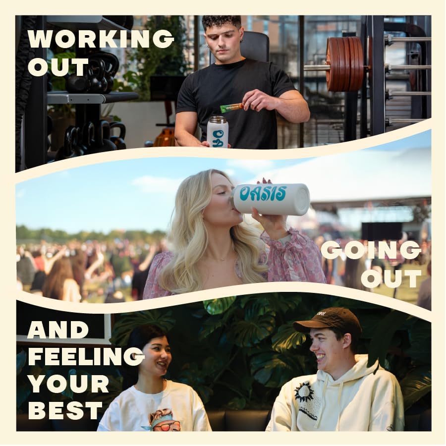 Drink Oasis electrolyte powder outdoor workout scene showing sweat hydration