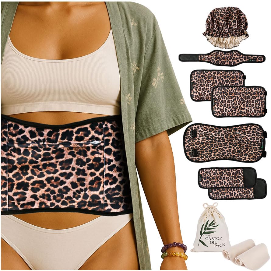 OASIZZ castor oil wrap belly close-up with stain-resistant fabric for mess-free use.
