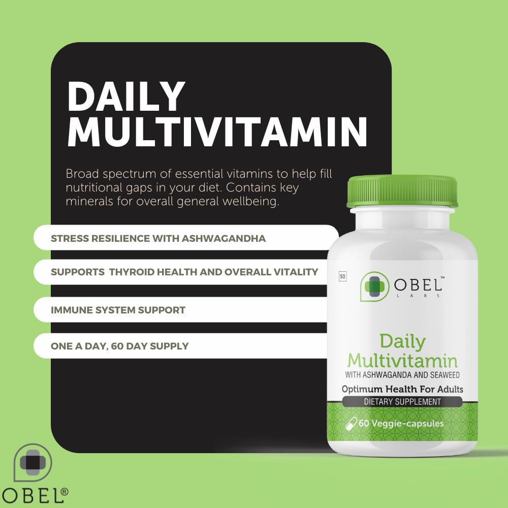 obel Daily Multivitamin with Ashwagandha capsules, highlighting adaptogenic support for stress.