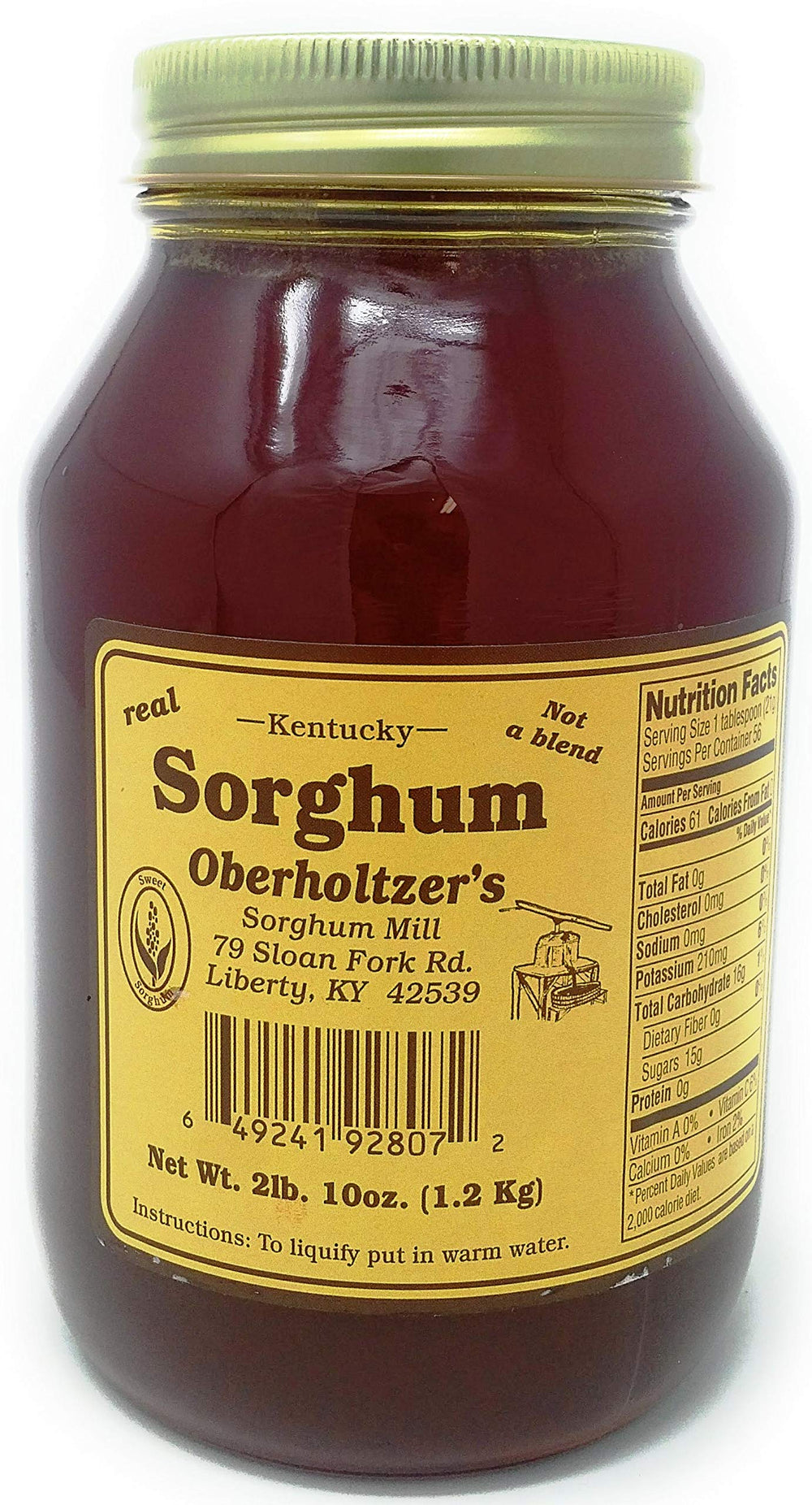 Oberholtzer's Kentucky Sorghum bottle-front, highlighting pure all-natural sweetness for breakfasts.