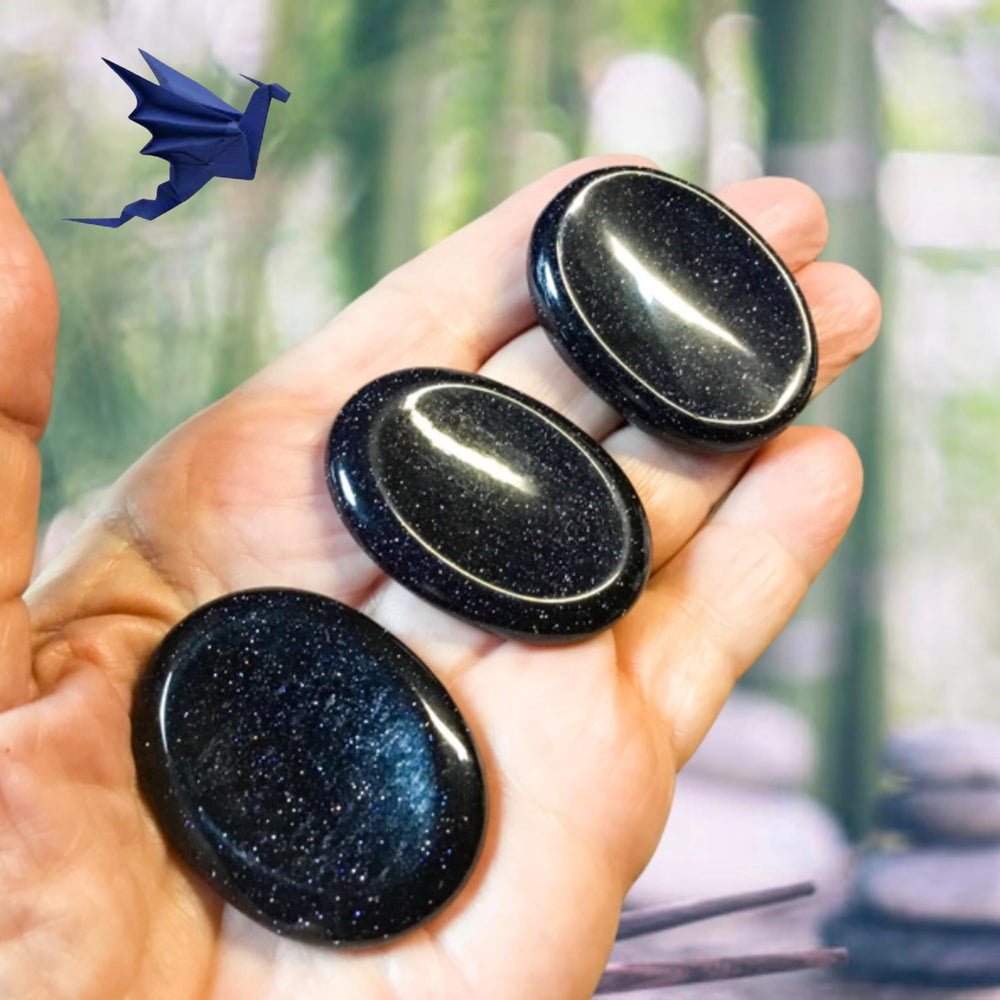 Blue Goldstone worry stone displayed in frame for elegant self-care decor