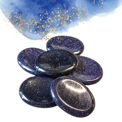 Blue Goldstone worry stone with info card from Obilea Gems for guided uses