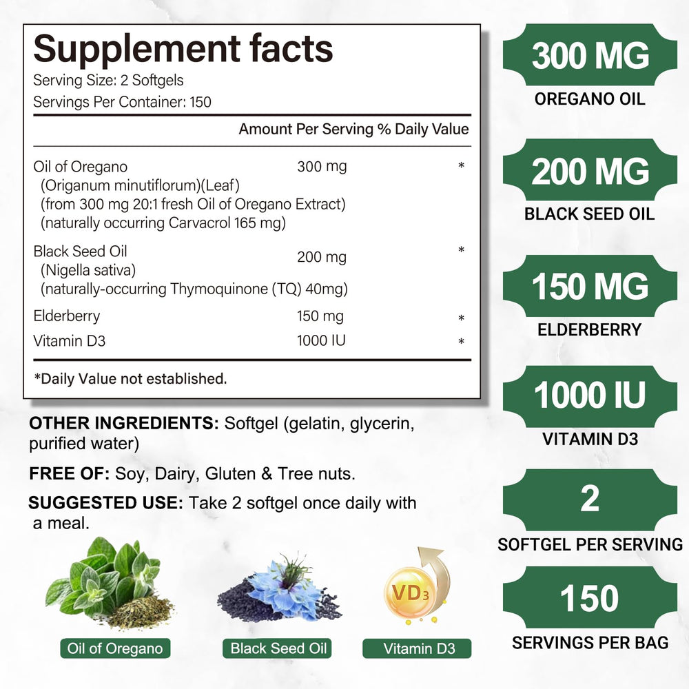 Two softgels illustrate the daily dosage for Obill NuTrance Oil of Oregano