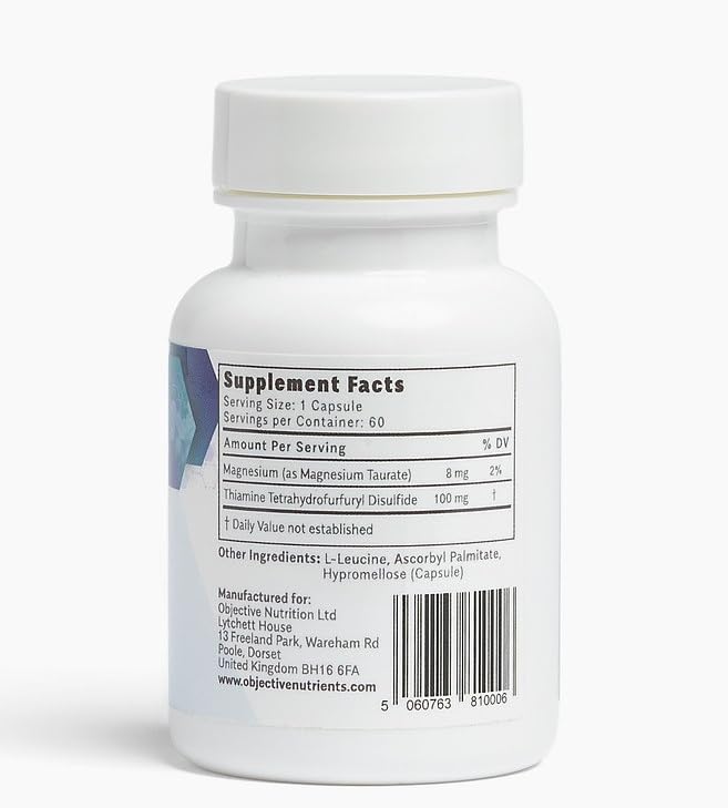 Objective Nutrients Thiamax bottle cap shows compact capsules for easy swallowing