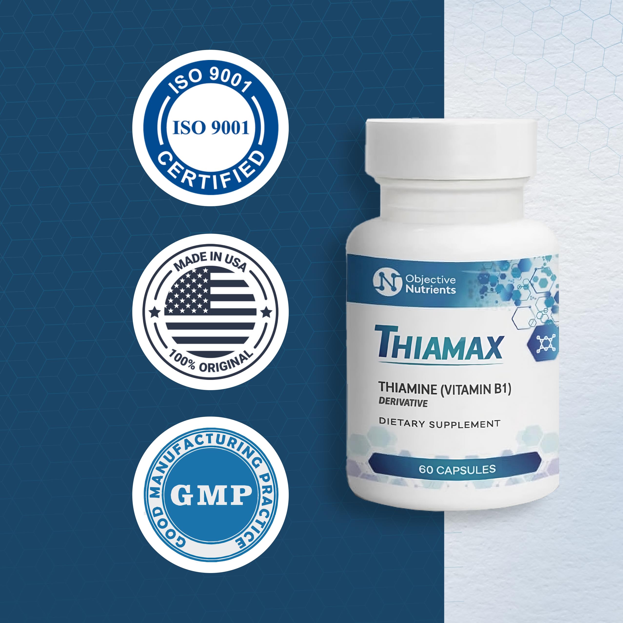 Objective Nutrients Thiamax made in USA packaging emphasizes gluten-free, non-GMO quality