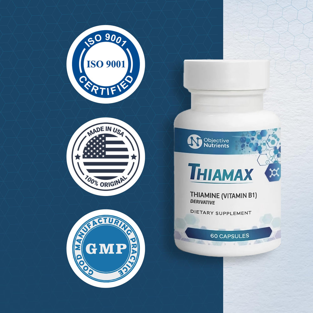 Objective Nutrients Thiamax made in USA packaging emphasizes gluten-free, non-GMO quality