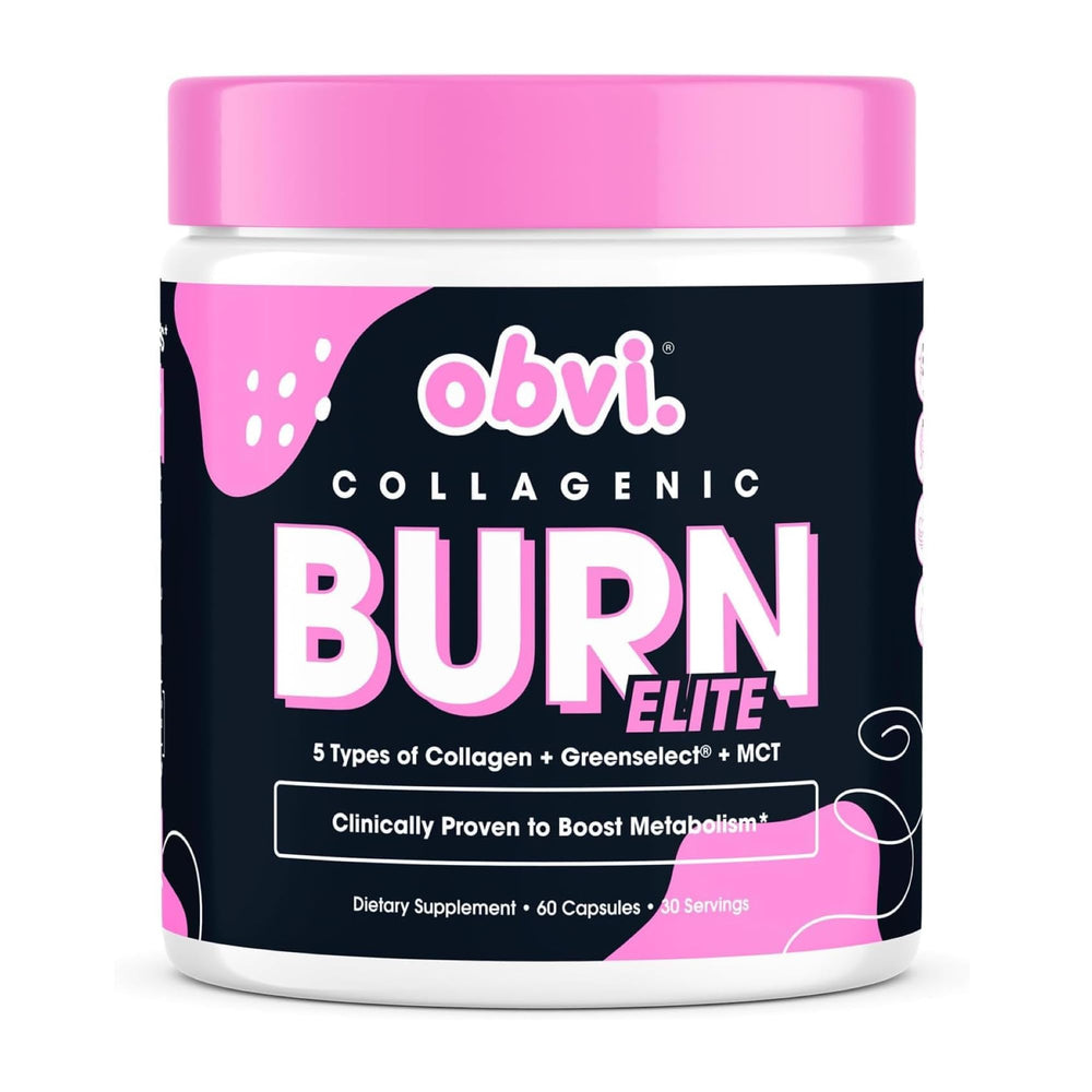 Obvi Burn Elite bottle front with 60 capsules for daily metabolism support.