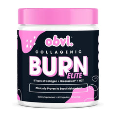 Obvi Burn Elite bottle front with 60 capsules for daily metabolism support.