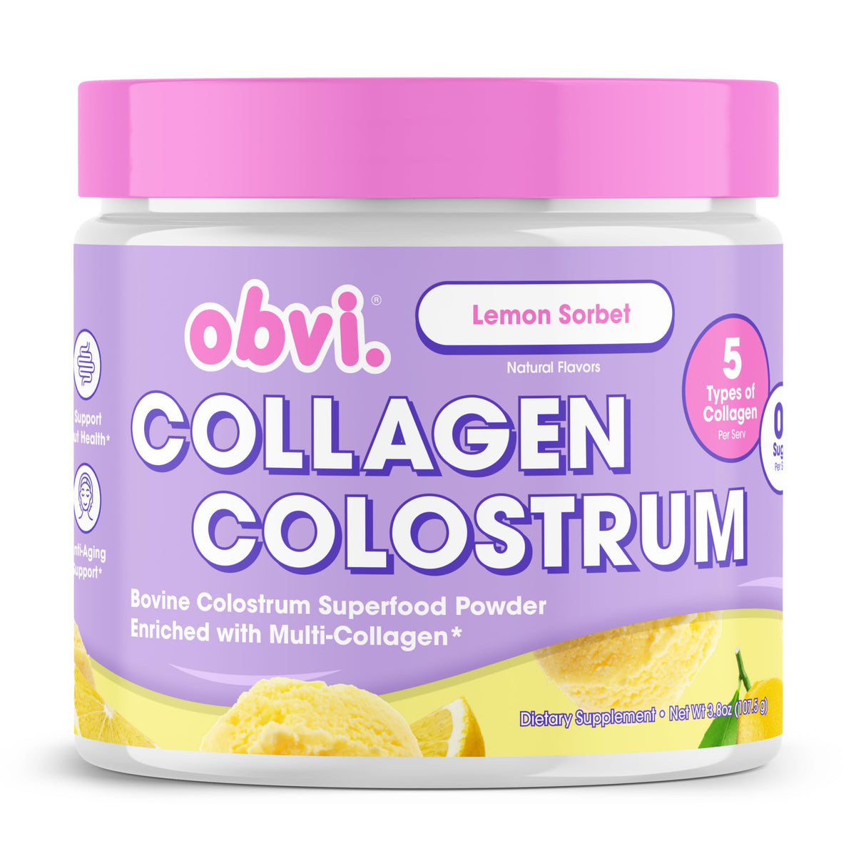Obvi Collagen Peptide Colostrum Powder lemon sorbet bottle highlighting gut support and skin vitality