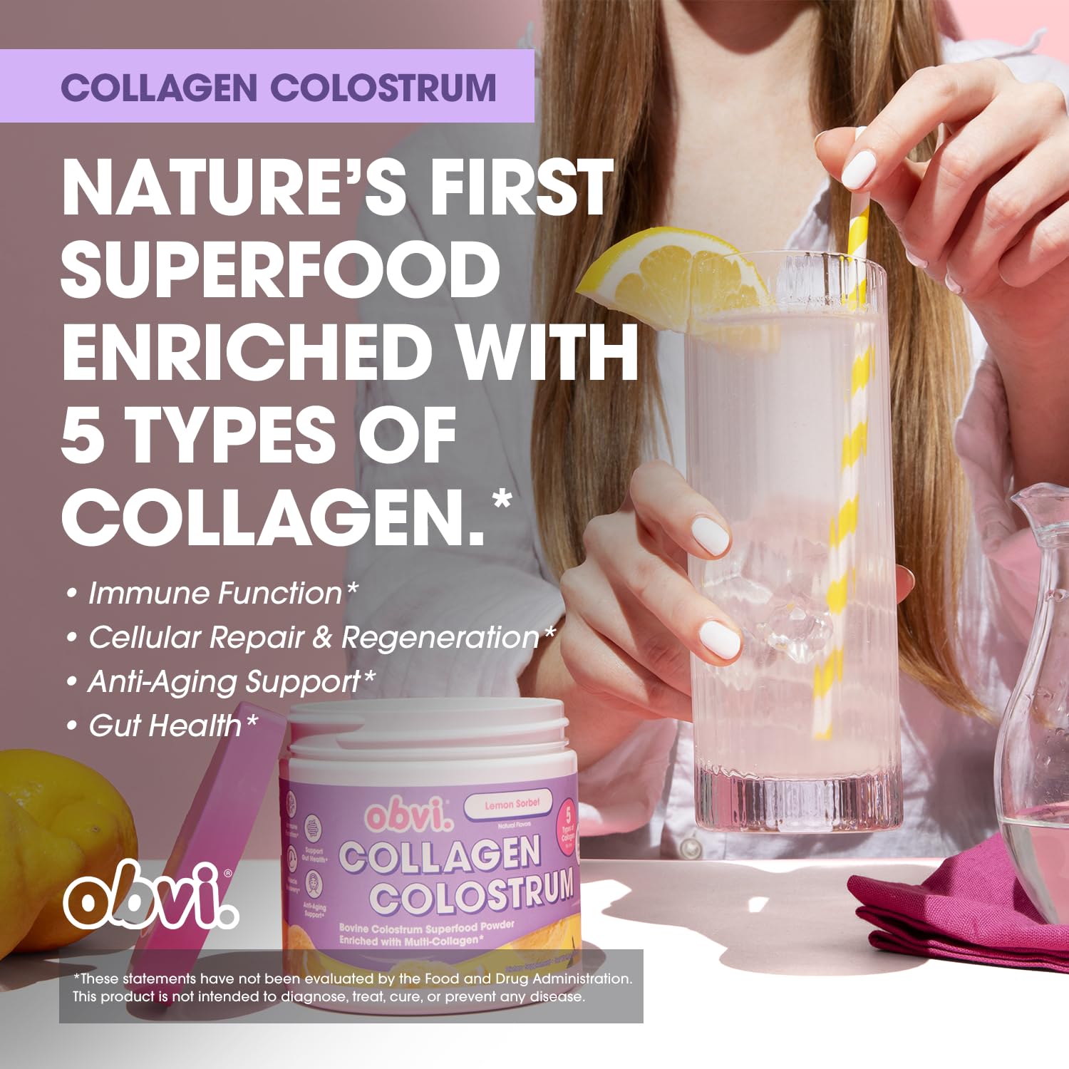 Obvi Collagen Peptide Colostrum Powder lemon sorbet jar conveys refreshing taste and nutrients