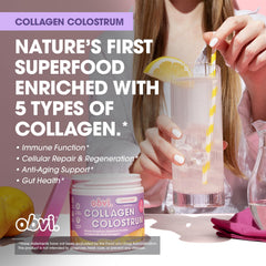 Obvi Collagen Peptide Colostrum Powder lemon sorbet jar conveys refreshing taste and nutrients