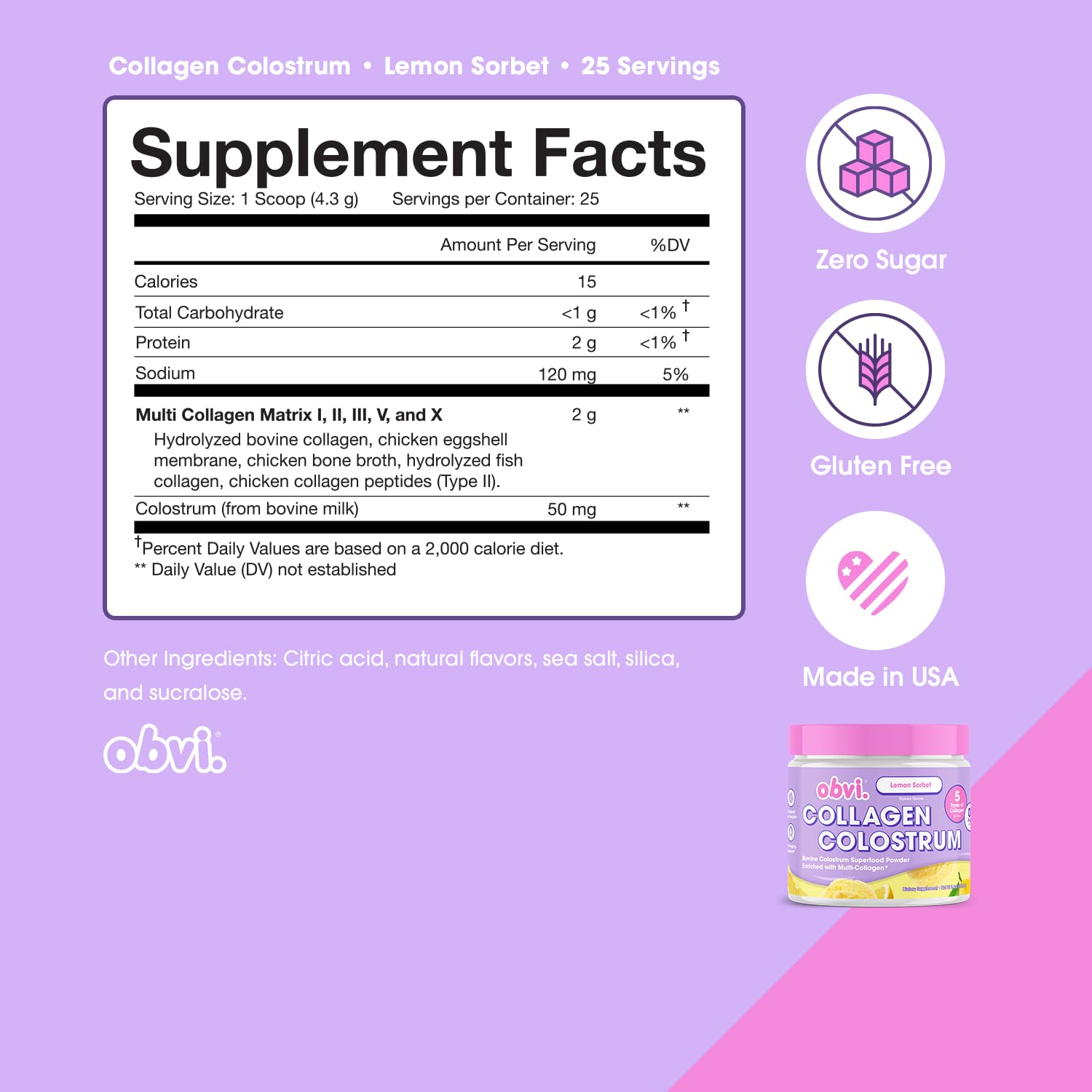 Obvi Collagen Peptide Colostrum Powder scoop-dispensing shows easy daily serving for immune support and beauty