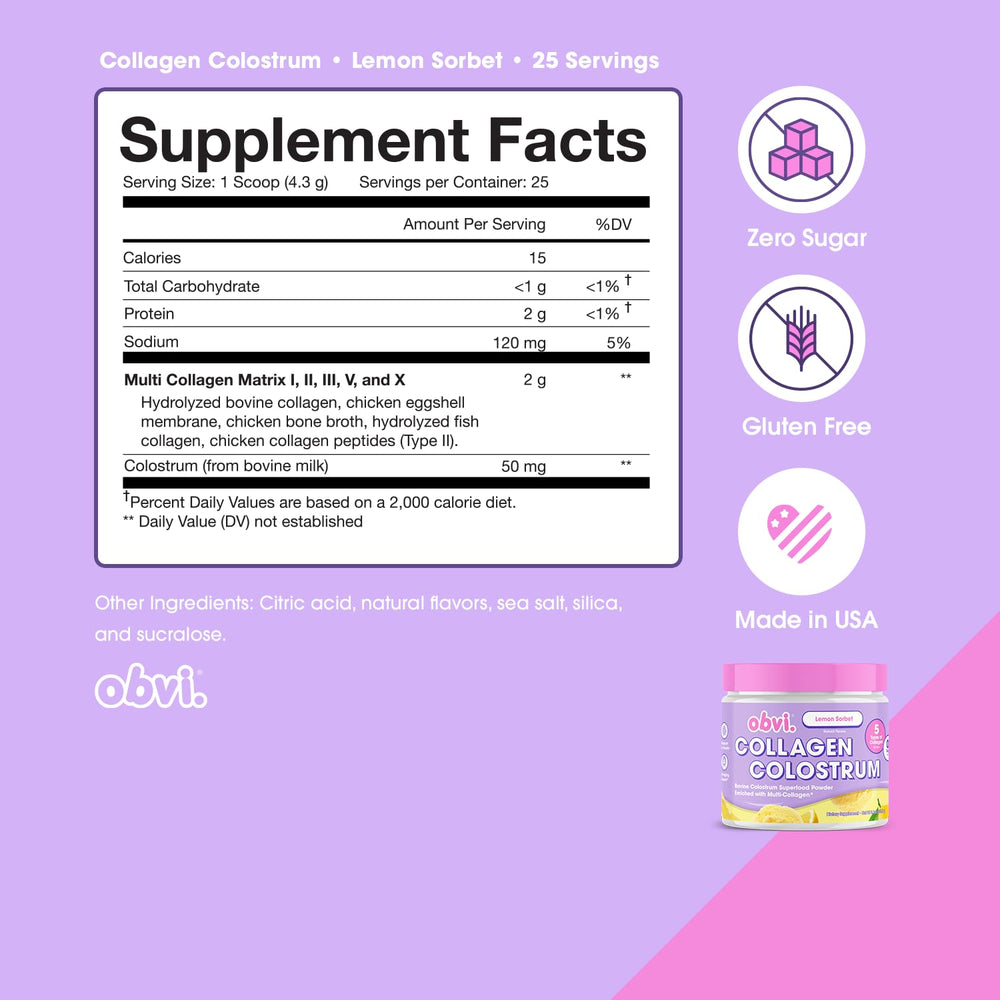 Obvi Collagen Peptide Colostrum Powder scoop-dispensing shows easy daily serving for immune support and beauty