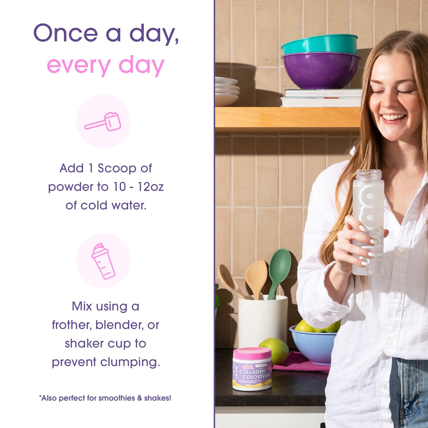 Obvi Collagen Peptide Colostrum Powder label-front emphasizes premium ingredients for daily use