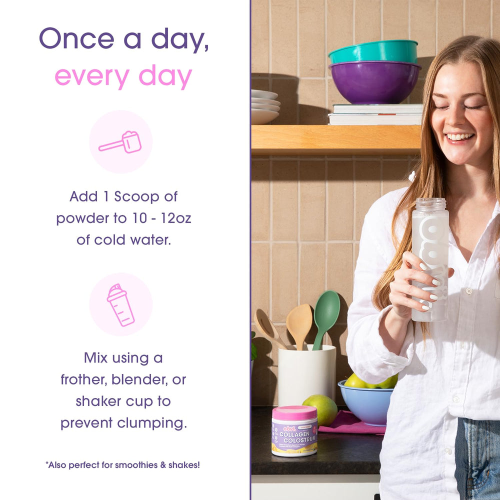 Obvi Collagen Peptide Colostrum Powder label-front emphasizes premium ingredients for daily use