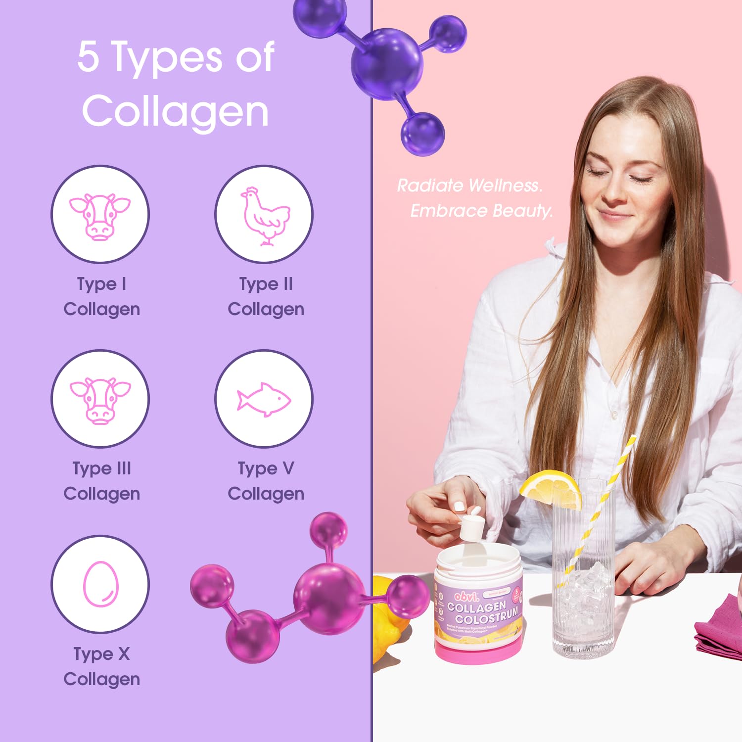 Obvi Collagen Peptide Colostrum Powder packaging communicates gluten-free and keto-friendly appeal