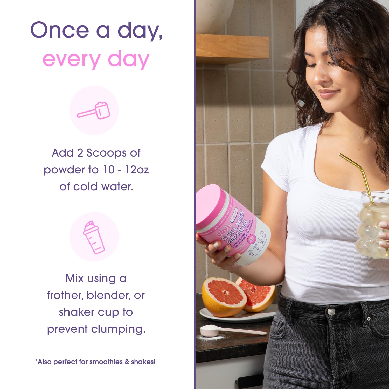 Obvi Collagen Peptides Unflavored bottle and glass; ideal for a quick daily ritual.
