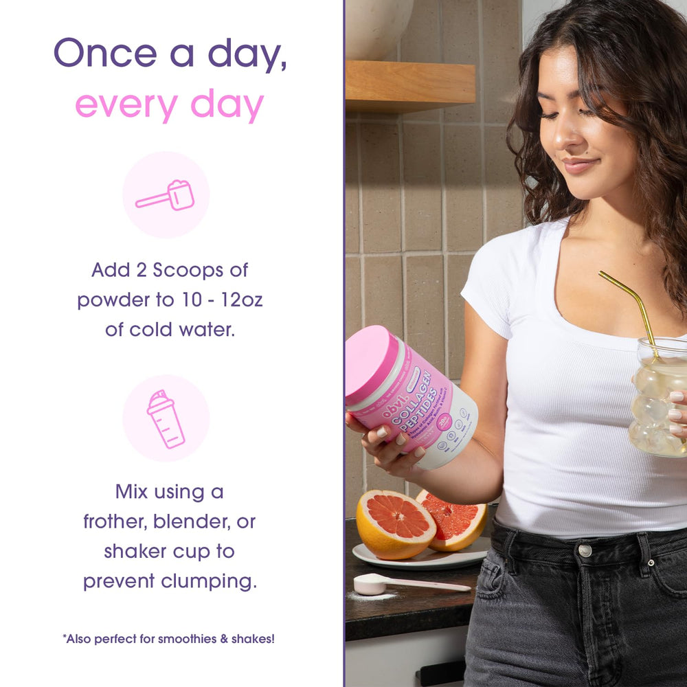 Obvi Collagen Peptides Unflavored bottle and glass; ideal for a quick daily ritual.