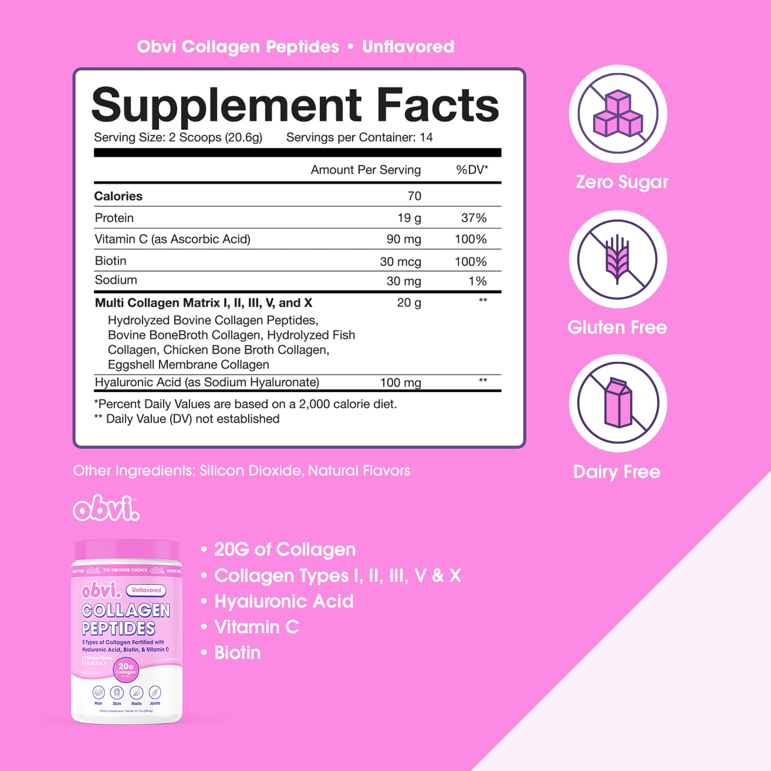 Obvi Collagen Peptides Unflavored ingredients label; transparent list for quality clarity.
