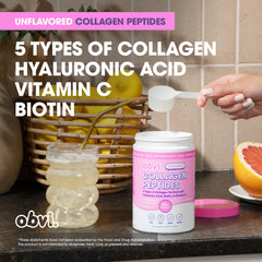 Obvi Collagen Peptides Unflavored scoop dispense; precise portions for consistent mixing.