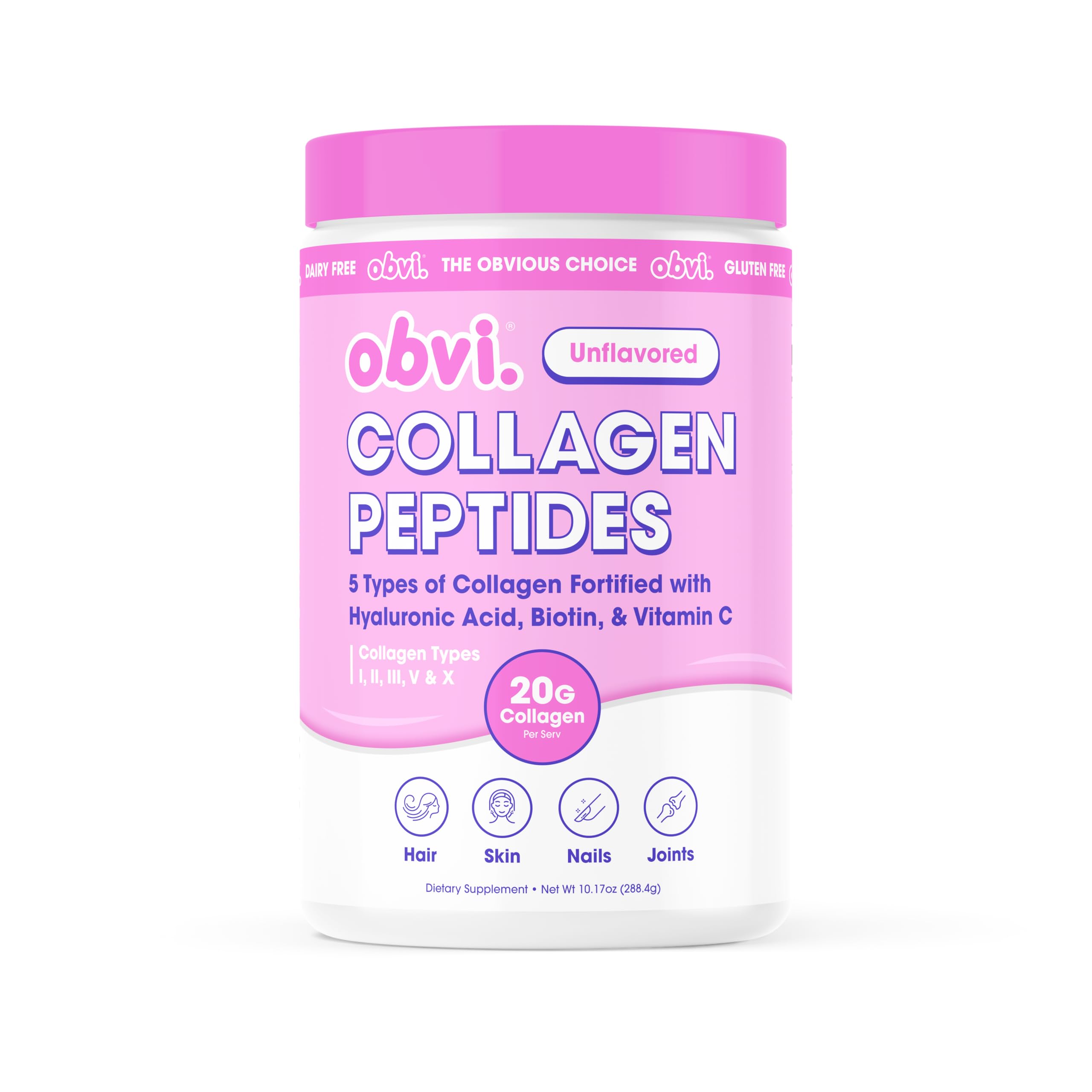Obvi Collagen Peptides Unflavored tub closeup; versatile daily protein option for meals.