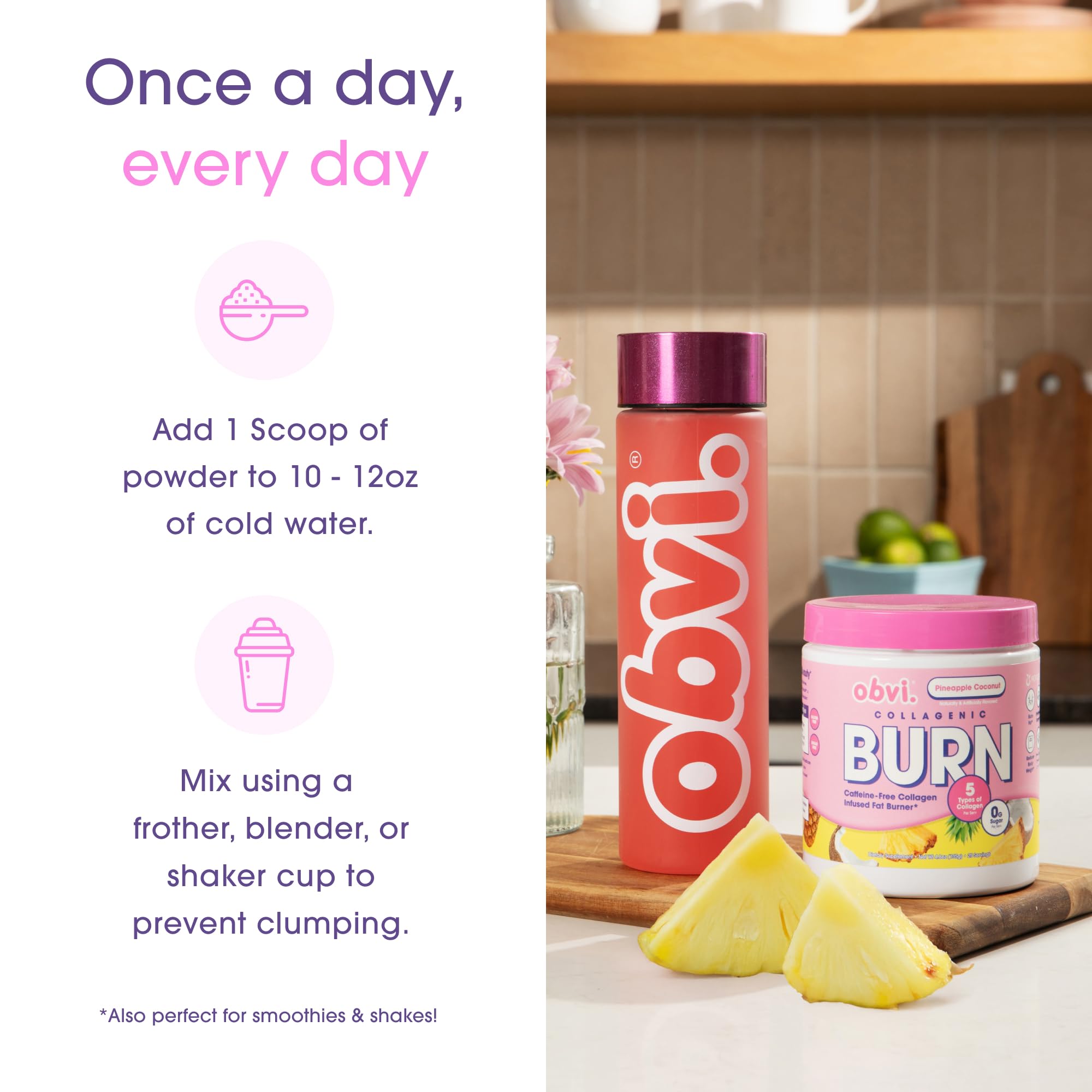 Obvi Collagenic Burn glass with water and ice showing a refreshing presentation