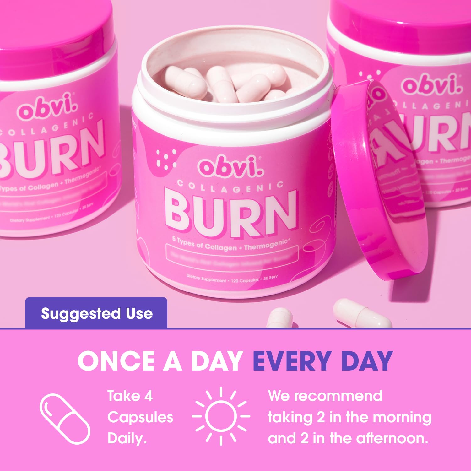 Obvi Collagenic Burn label close-up highlighting collagen types and green tea.