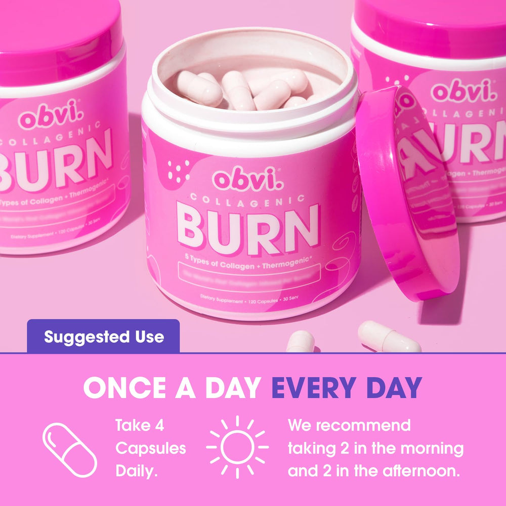 Obvi Collagenic Burn label close-up highlighting collagen types and green tea.