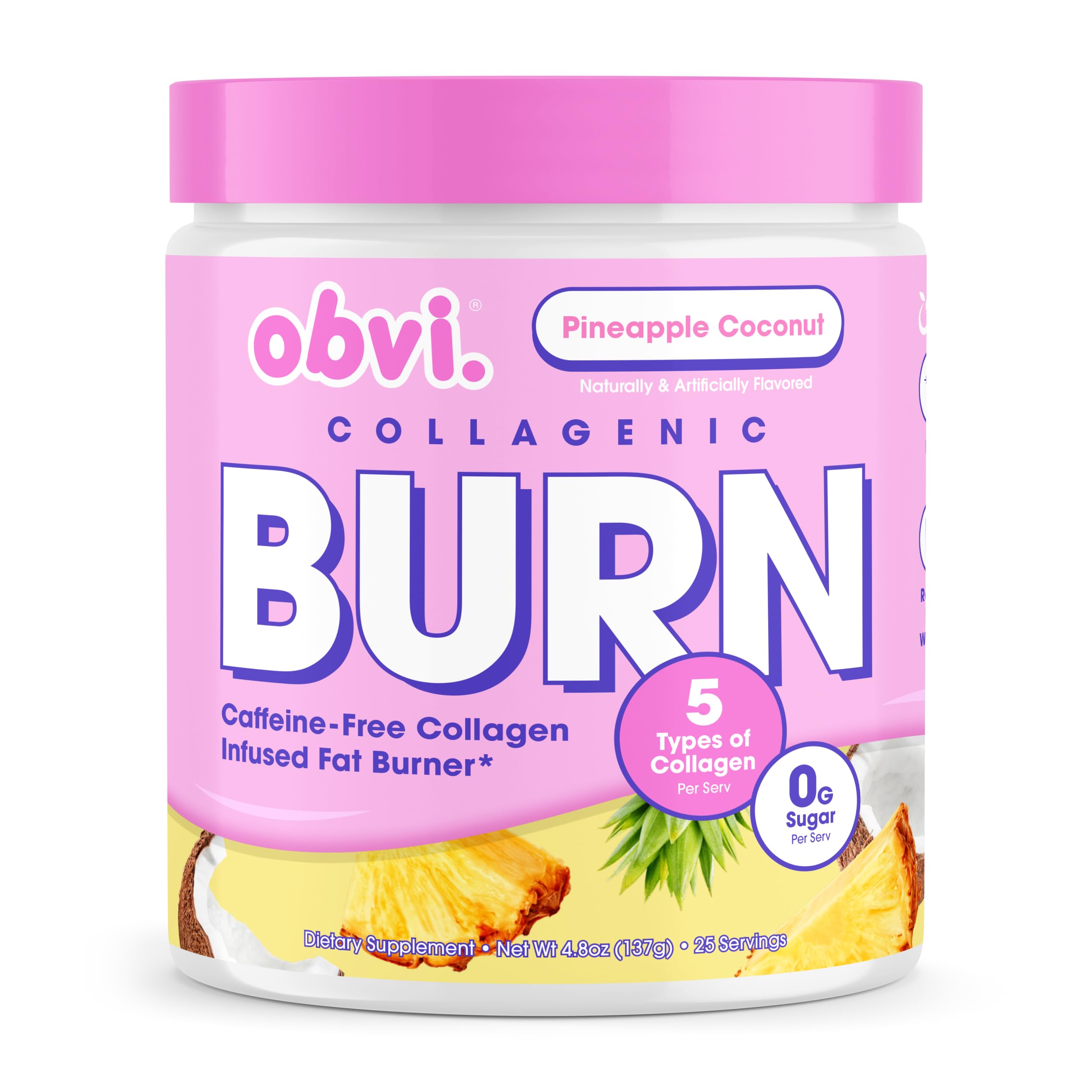 Obvi Collagenic Burn Pineapple Coconut tub ready to mix for a tasty daily ritual