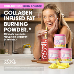 Obvi Collagenic Burn powder dissolving in water with a bright pineapple scent