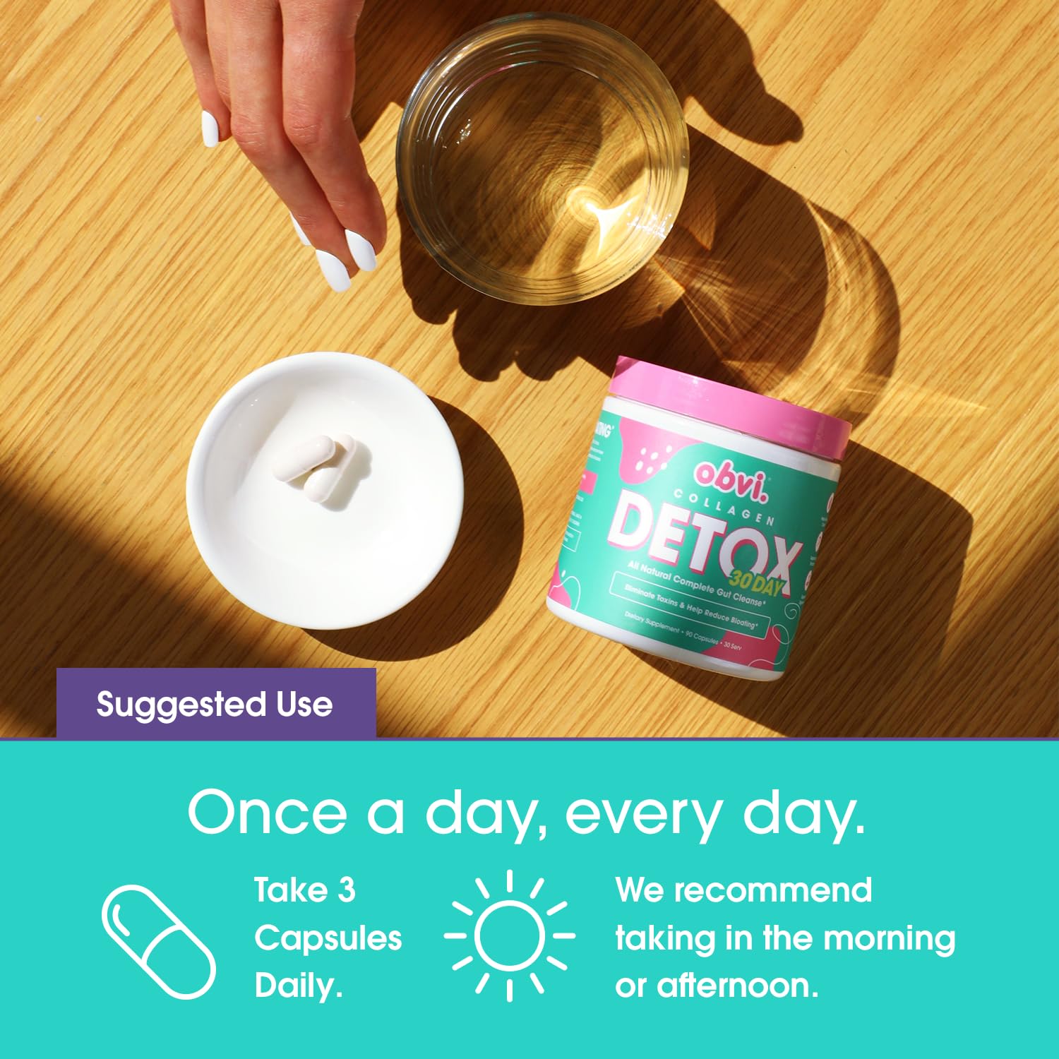 Obvi Detox bottle open capsules ready to pour.