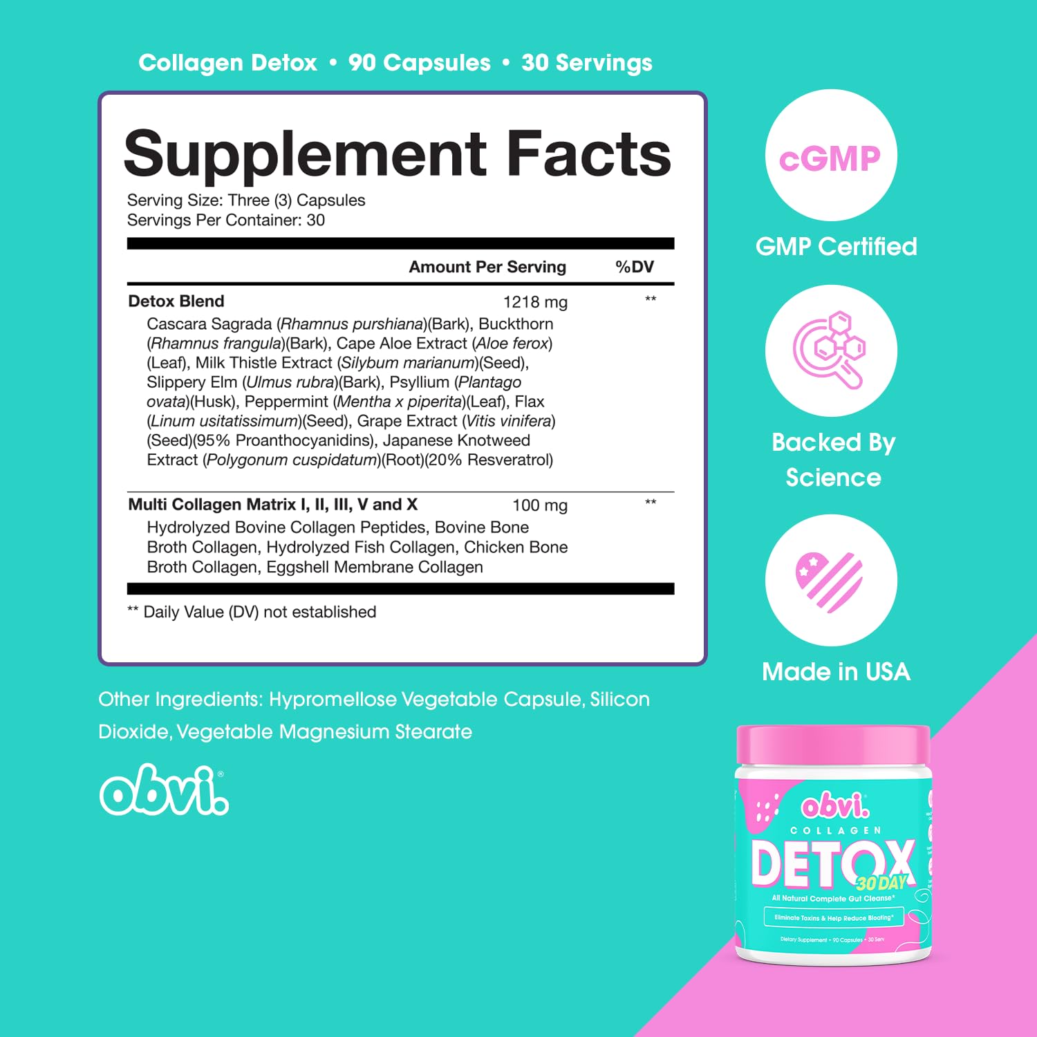 Obvi Detox bottle side view with label highlighting usage.