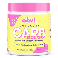 Obvi Guilt-Free Carb Blocker bottle on a kitchen counter for daily wellness support.