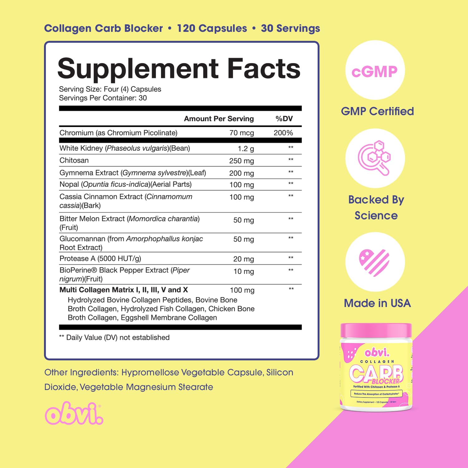 Obvi Guilt-Free Carb Blocker capsules ready to take before meals for carb management.